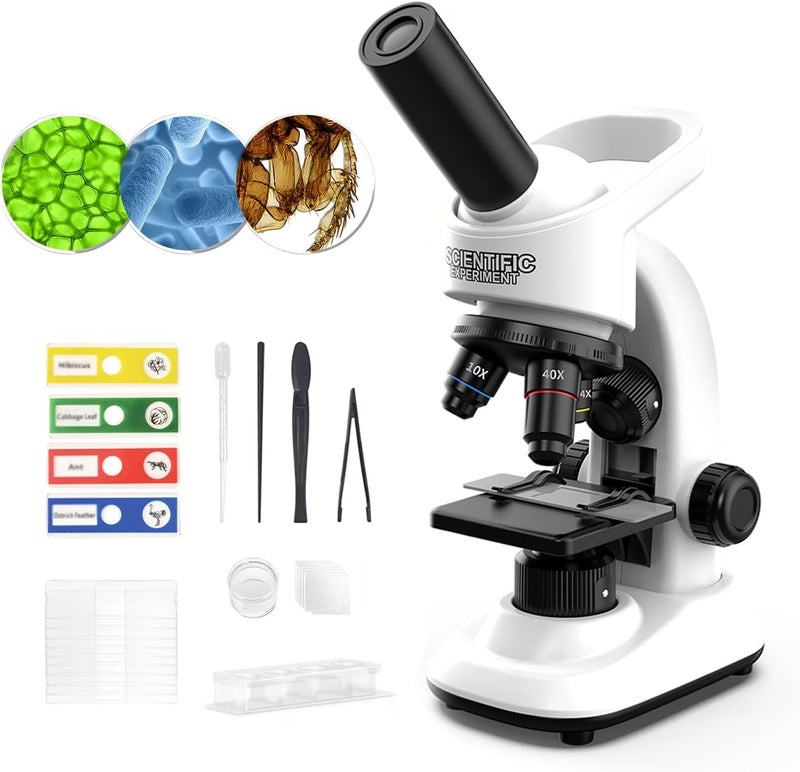 WSDMIC Microscope for Kids Scientific Experiment Kit 40X-1600X Magnification LED Light Educational STEM with Slides and Lab Tools Ages 6-12 (White) - Image 1